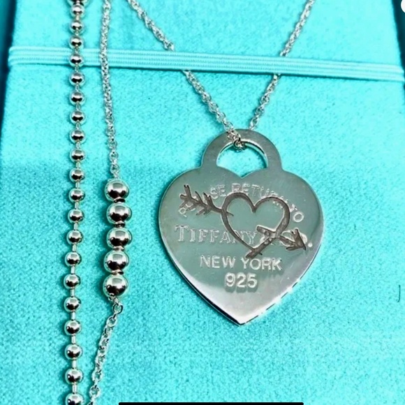NEW Tiffany & Co.Etched Heart Pendant Necklace 28-30” mixed chain 925 - Picture 1 of 10
